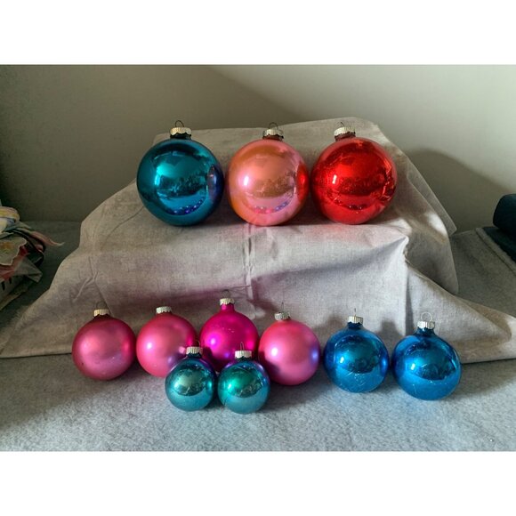 Vintage Shiny Brite Glass Christmas Ornaments Set 11 Teal Pink Red - Picture 2 of 10